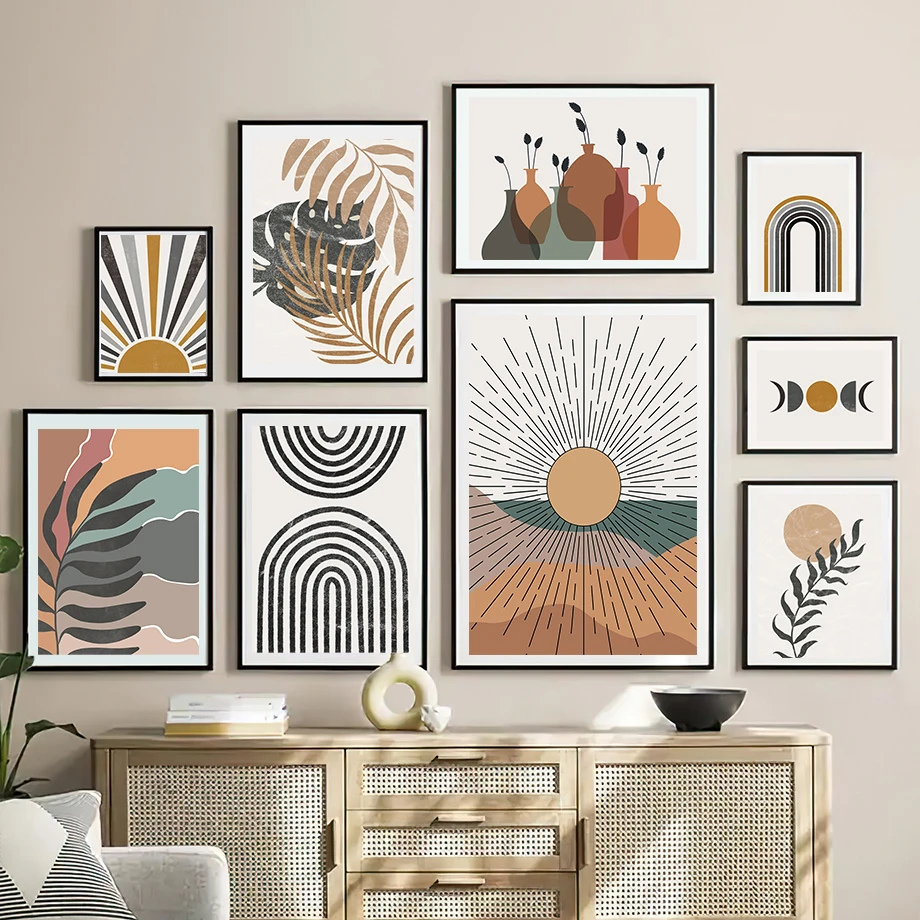 Sun Leaves Rainbow Abstract Geometry Boho Nordic Wall Art Painting Gallery Posters And Prints Wall Picture For Living Room Decor