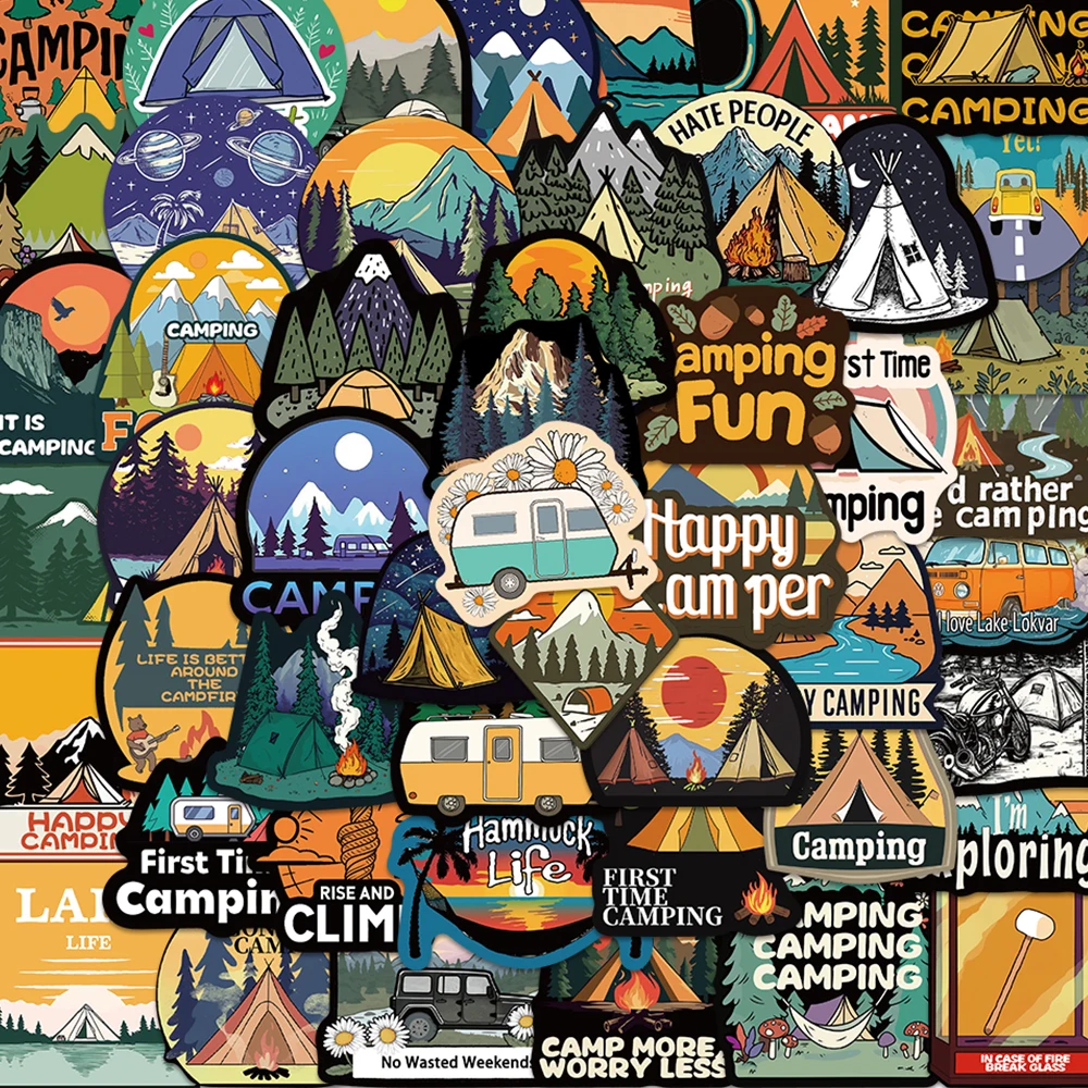 50 Uds. Pegatina de aventura al aire libre, calcomanía divertida y fresca para teléfono, diario, nevera, armario, billetera, mochila, sobre, etiqueta adhesiva decorativa