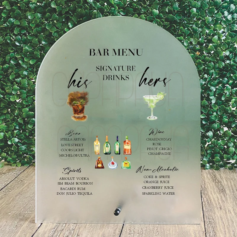 

Custom frost Acrylic Wedding Sign His and Hers Drink Sign Party Name Signature Table Top Menu Stand Cocktails Bar Menu Signature