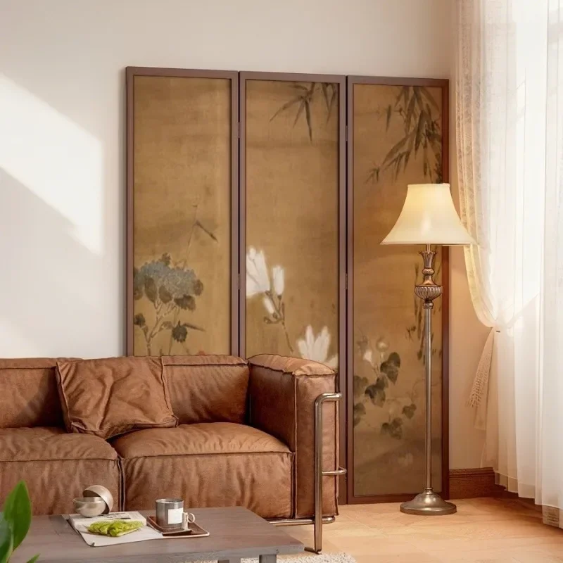 Foldable mobile solid wood screen partition living room flower and bird background decoration blocking wall household entrance t