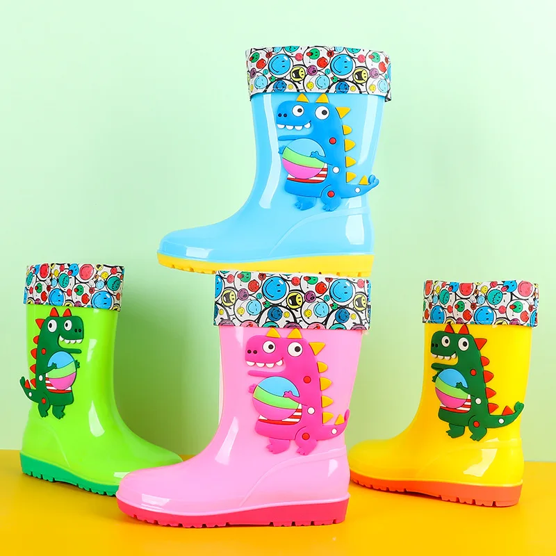 Four Seasons Kids Dinosaur Cartoon Padded Rain Boots Children Waterproof Non-Slip Mid-Calf Rubber Shoes Boy Girl Warm Water Boot