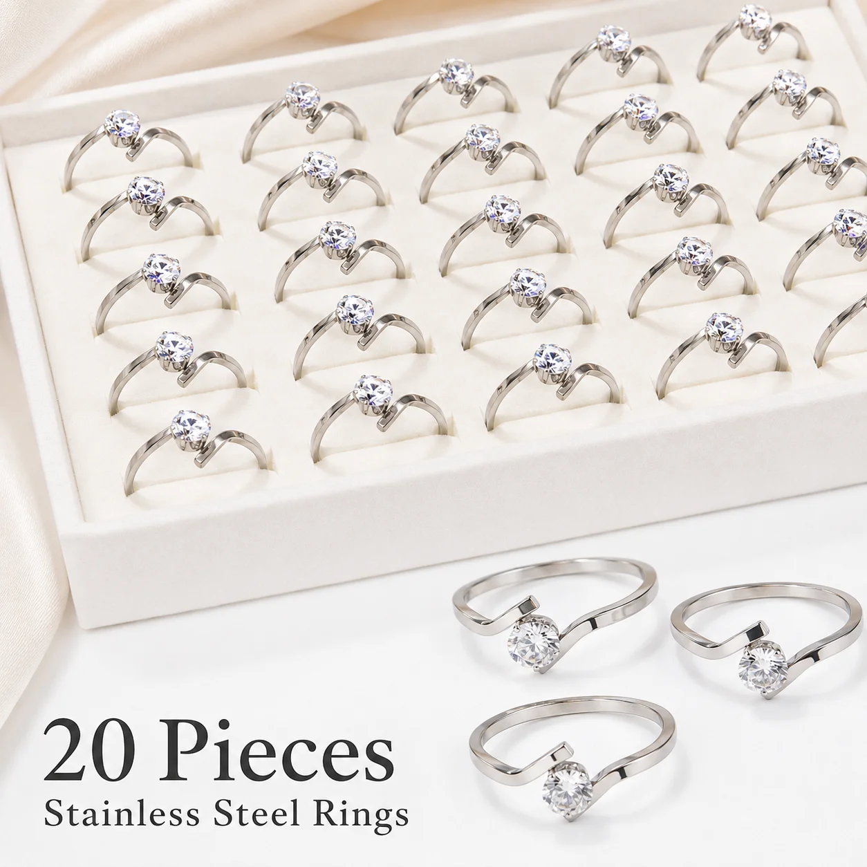 20Pcs Zircon Stainless Steel Engagement Rings for Women Wedding Jewelry Austrian Crystals Female Anel Set Never Fade PF4083