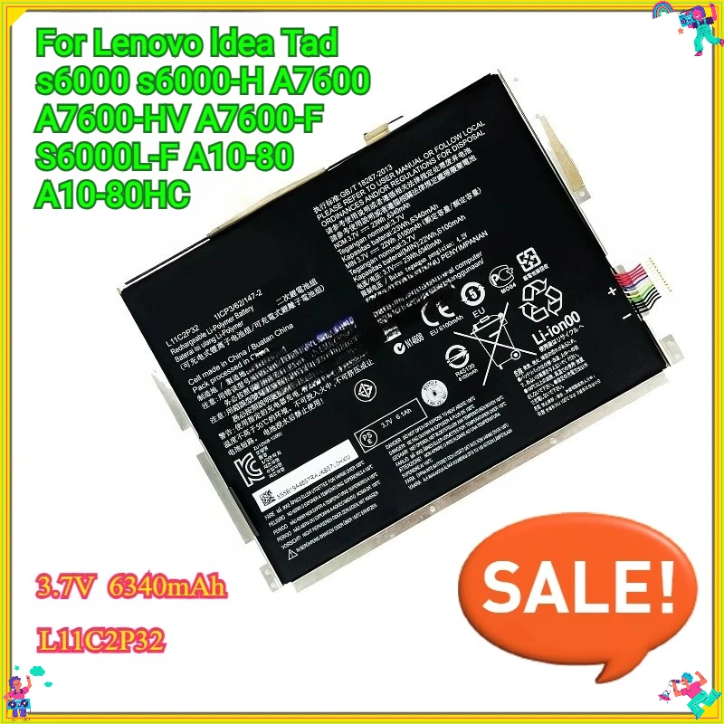 

Новый аккумулятор для планшета L11C2P32 L12D2P31, 6340 мАч для Lenovo IdeaTad S6000 S6000-H A7600 A7600-HV A7600-F S6000L-F A10-80 A10-80HC