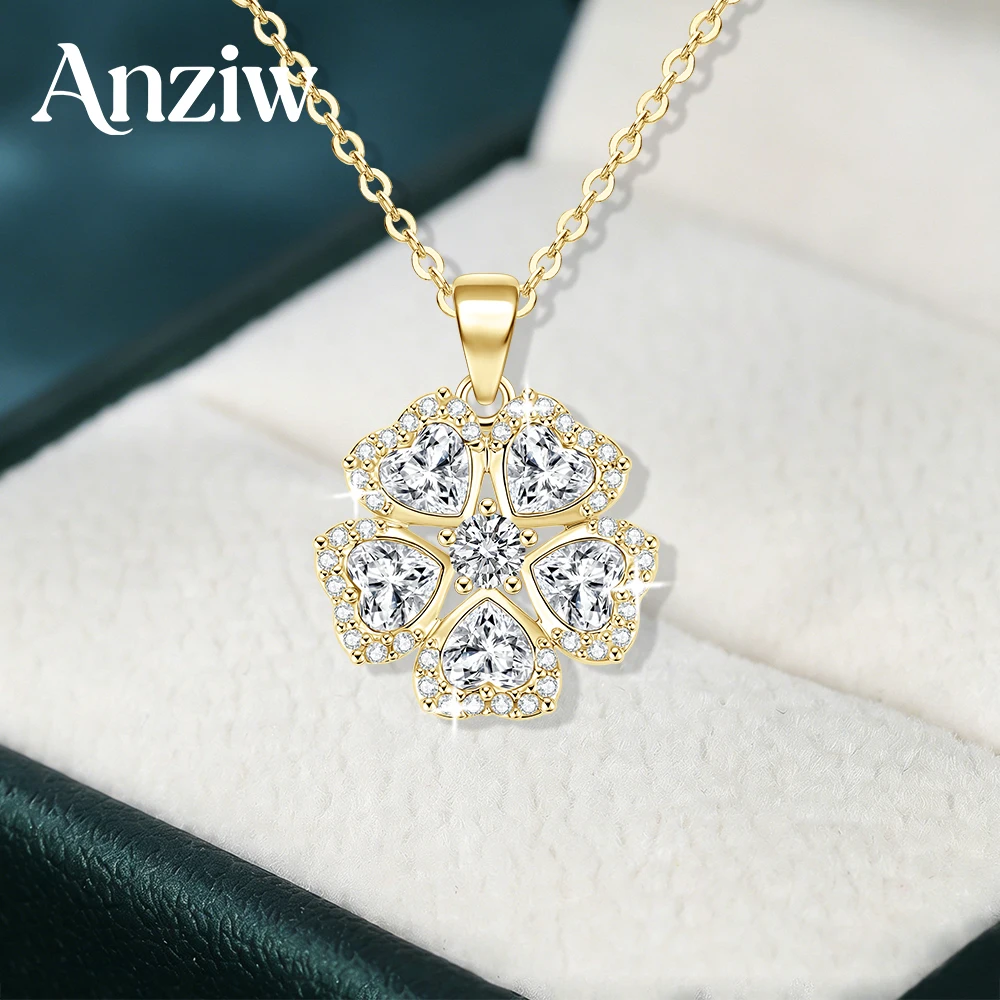

Anziw Romantic Moissanite Flower Pendant Necklace 14K Gold Filled Heart Clover Charm Necklace for Women Luxury Party Jewelry