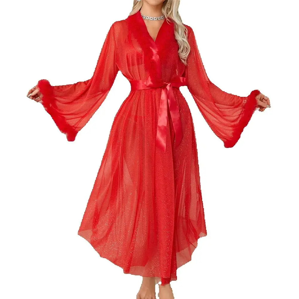 Women's Mesh Sleepwear Pulsh Cuff Long Robe Kimono Cardigan Bathrobe Sexy Perspective Chiffon Home Dress