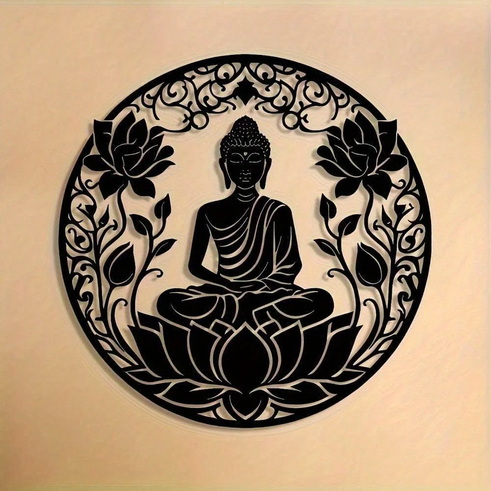 Wandskulptur aus Metall „Zen Lotus Mind“. | 2D-Buddha und schwarzer Lotus, wasserdicht, rostfrei, Halloween- und Weihnachtsgeschenk, Heimdekoration