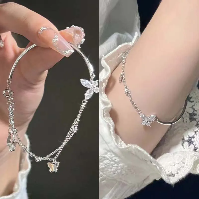 2024 New Fashion Trend Unique Design Zircon Double Layer Butterfly Bracelet For Women Exquisite Crystal Chain Bracelet Jewelry