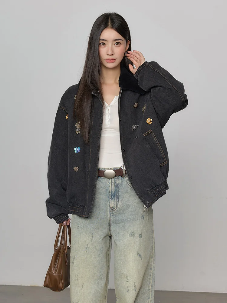 เสื้อโค้ทเดนิมบุขนห่านแท้ ขนแกะเมอริโนแท้ สำหรับผู้หญิง ฤดูหนาว 2025  หรูหรา อุ่นหนา