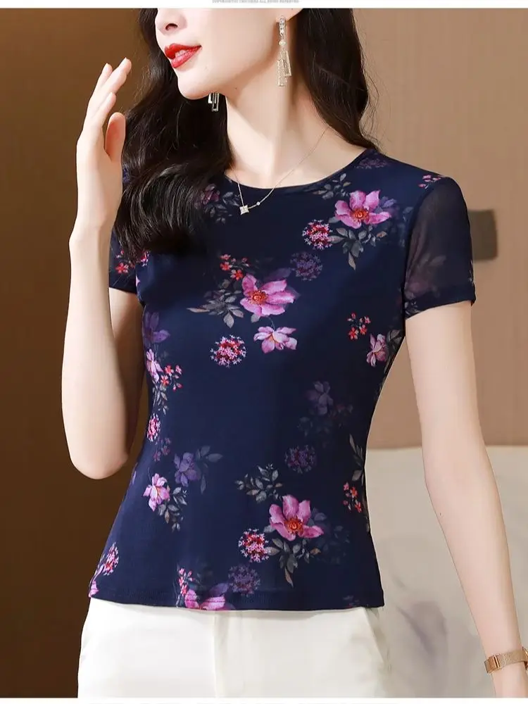 Summer Women O-neck Short Sleeve T-shirts Tees Girls Printed Floral Slim Tees T shirts Tops For Female