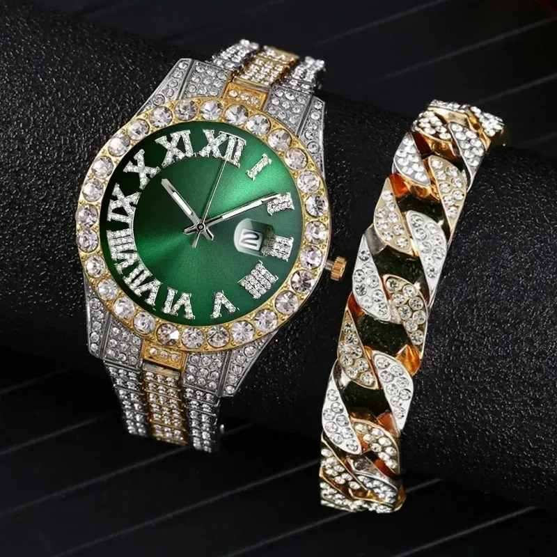 

2PCS Luxury Rhinestone Men Watches Fashion Stainless Steel Band Male's Analog Quartz Watch Bracelet Set Relogios Masculino