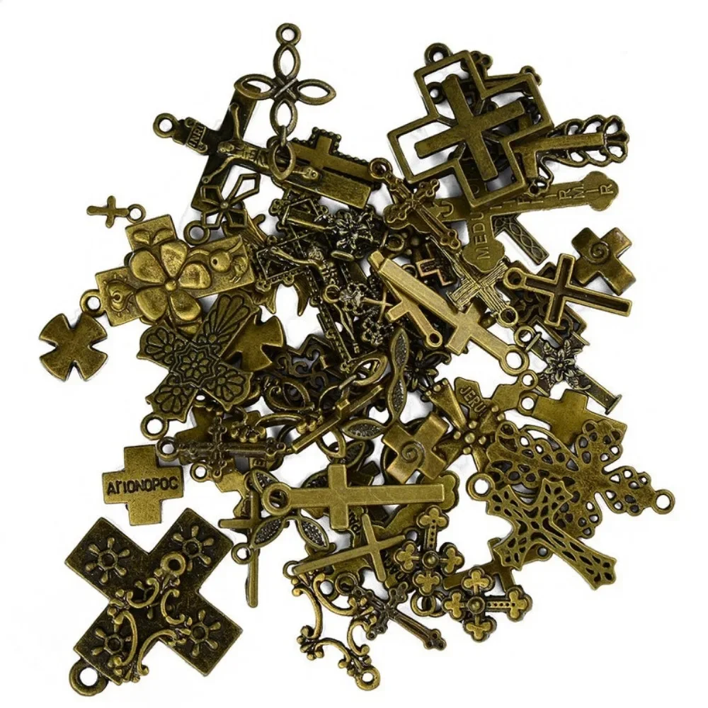 50pcs Vintage Steam Punk Bronze Filigree Hollow Cross Charms Pendants Mix for Jewelry DIY Expandable Bangle