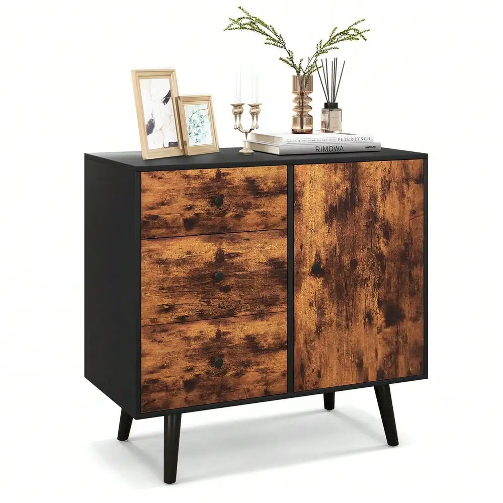 

Mid-Century Rustic Storage Cabinet Multipurpose Shelf Organizer w/3 Drawers