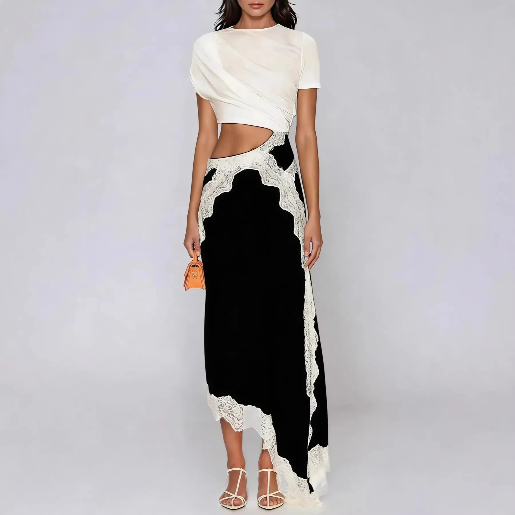 Color Block Gathered Lace Panel Maxi Dresses Women's Chic Daily Outfit Lace Patchwork Cut Out Short-sleeve Twisted Tee Dress Z4Q