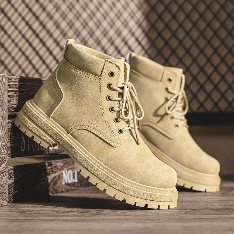 Men Khaki Retro High‑Top Ankle Boots Lace‑Up Suede‑Like PU Upper Non‑Slip Chunky Block Outsole Durable Comfort for Hiking Travel