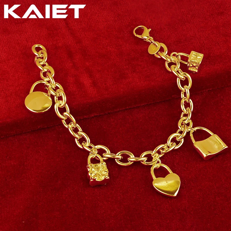 

KAIET 925 Sterling Silver Square/Round/Heart Lock Pendant Bracelet Plated With 18K Gold Wedding Party For Women Charm Jewelry