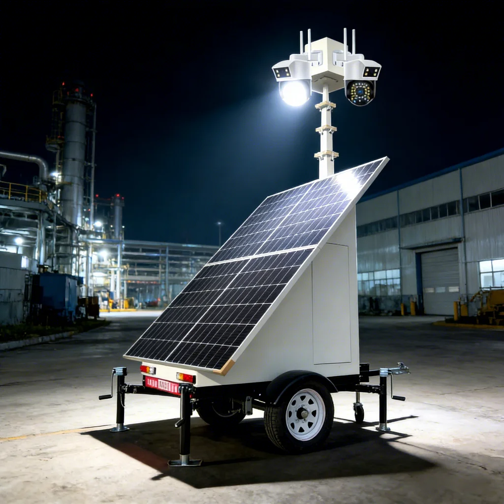 Solar Light Tower Trailer With CCTV Camera, LED Light Battery Backup Remote Monitoring Off Grid System