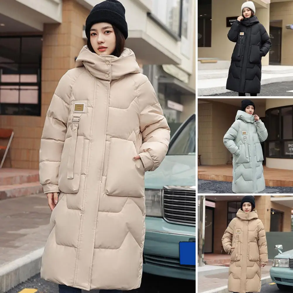 Winter Women Long Parkas Detachable Hood Neck Cotton Jacket Solid Color Pocket Knee Length Zipper Closure Padded Coat