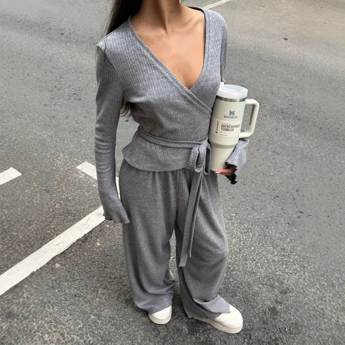 

2025 Spring New V Neck Tie Waist Long Sleeve Wide Leg Pants Two Piece Set Women Gray Oatmeal Multiple Colors Optional