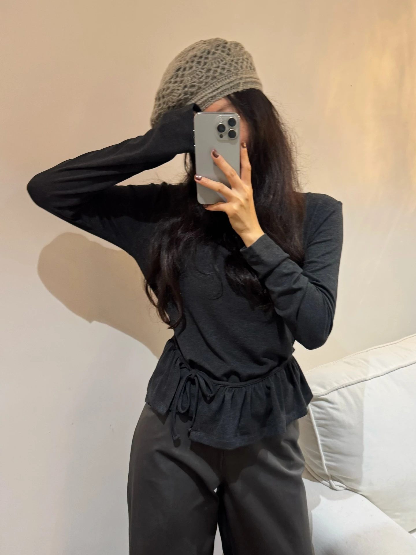 

Женская повседневная свободная футболка Dongda Gate с длинным рукавом и кружевной отделкой, новинка осени 2025, из смесового хлопка и полиэстера