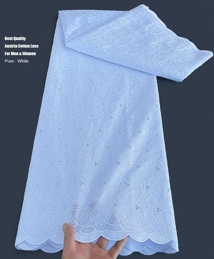 5 yards Best Quality Embroidered African Polish Lace Original Austria Cotton 100% Ceremony Couple Voile Fabric Pure White