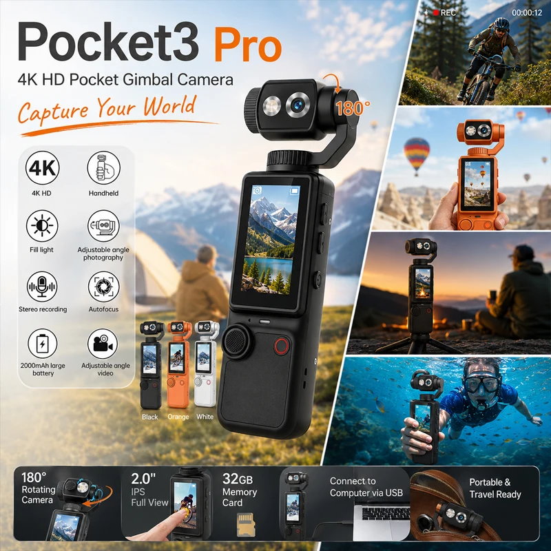 

New Pocket3 Pro 4K Sports Action Camera Remote Control 2.0" IPS Screen Portable DV Video Recorder for Cycling Motorcycle Vlog