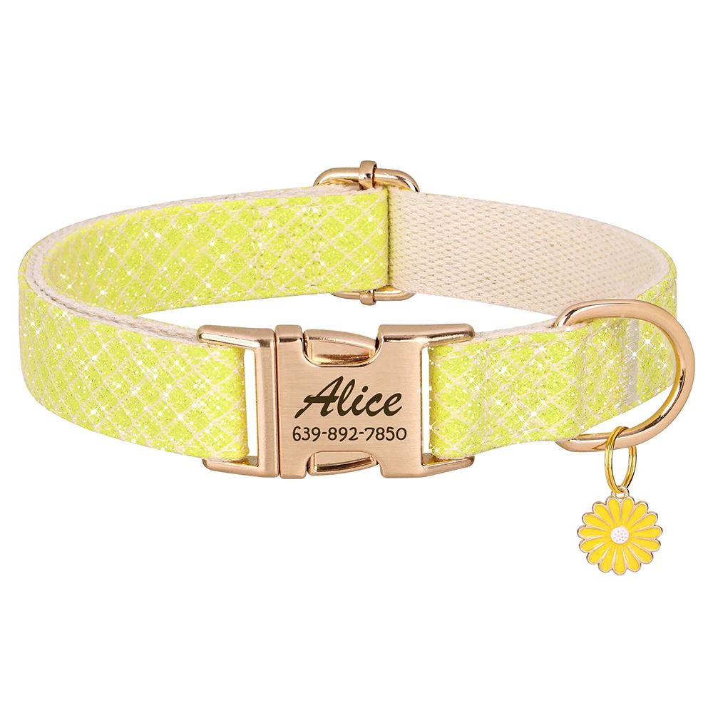 Benutzerdefiniertes Hundehalsband aus glitzerndem Nylon mit Blumenanhänger, kostenlose Gravur, Haustiername, Schnallenhalskette für kleine, mittelgroße und große Hunde – Detail 10