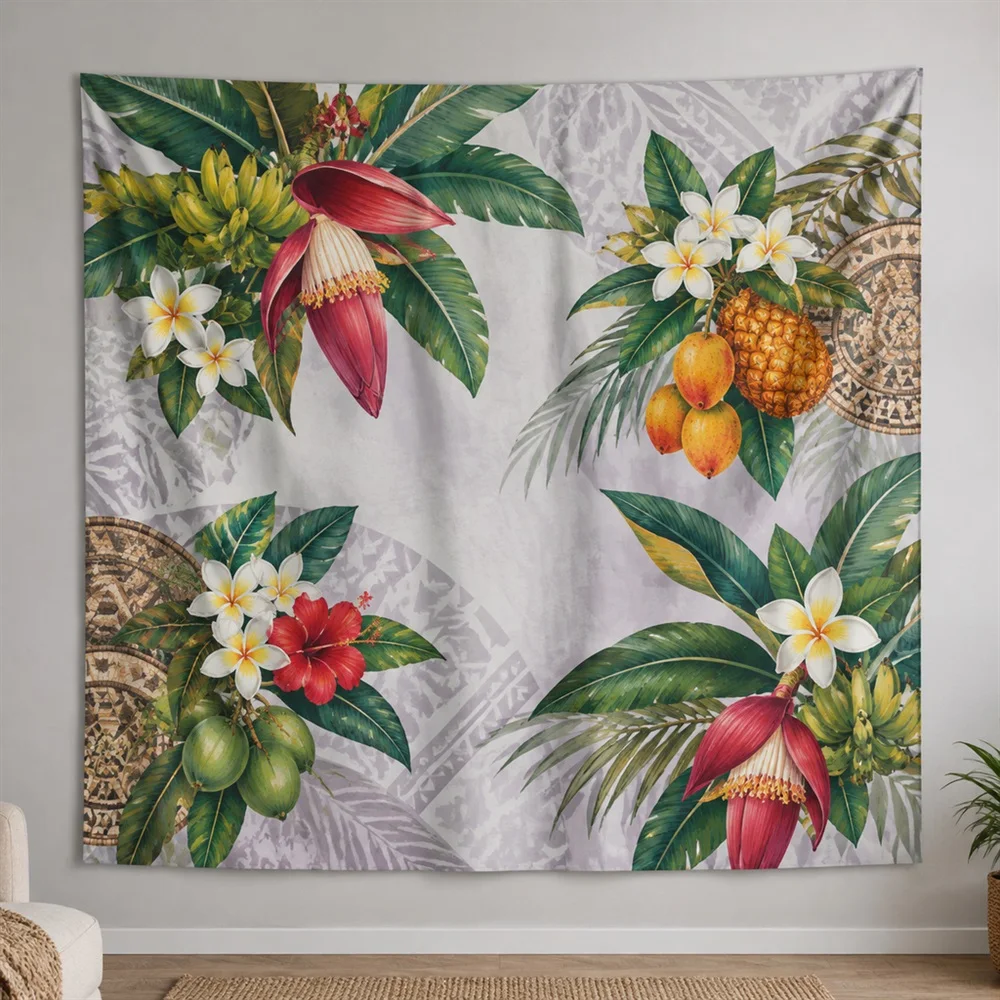 VIKAMA Tropical Flowers Fruit Clustered Groups Tapestry Wall Hanging, Tropical Wall Decor Tapestries for Living Room Bedroom