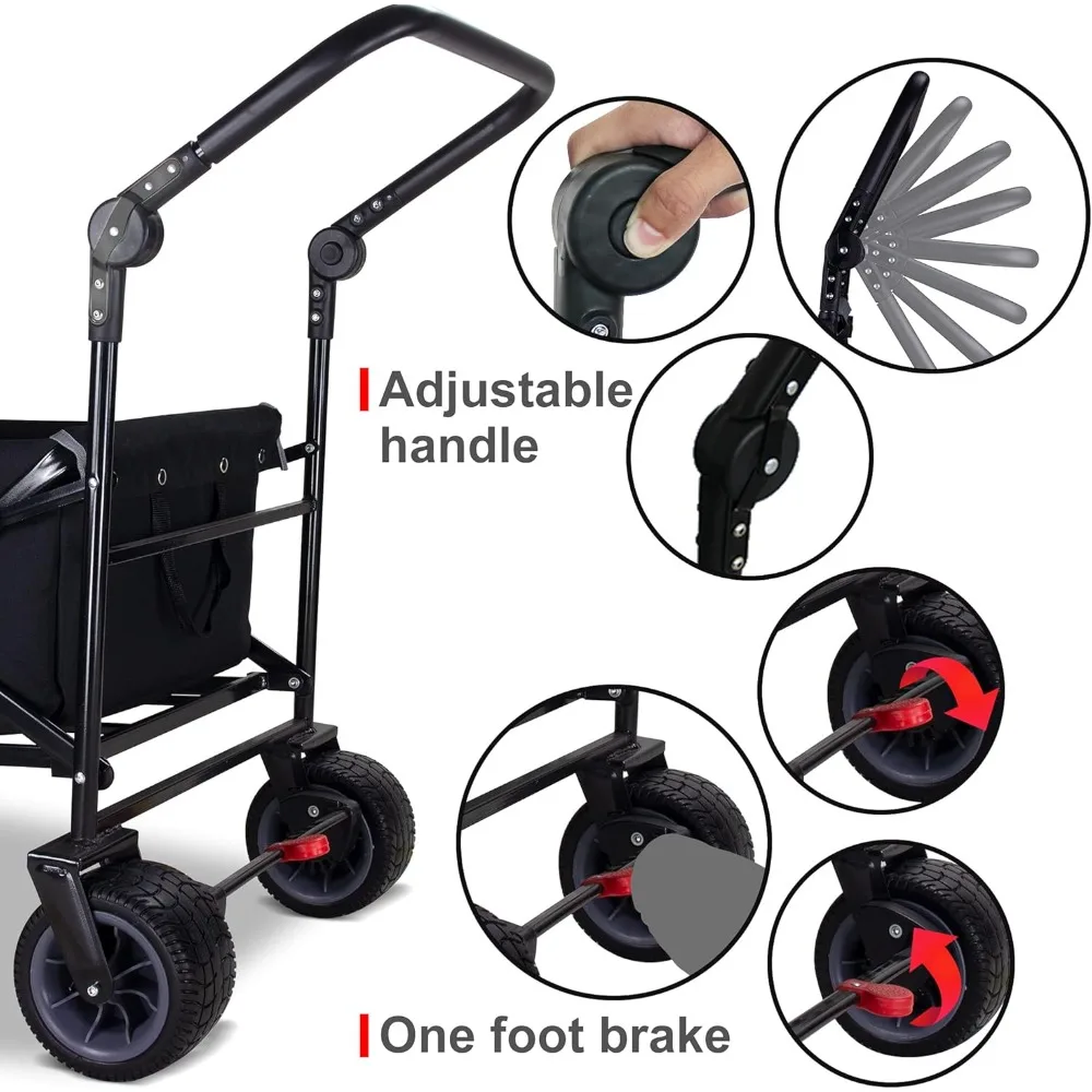 Heavy-Duty Collapsible Utility Wagon with Brakes and Adjustable Handle for Outdoor Adventures, Shopping, and Gardening