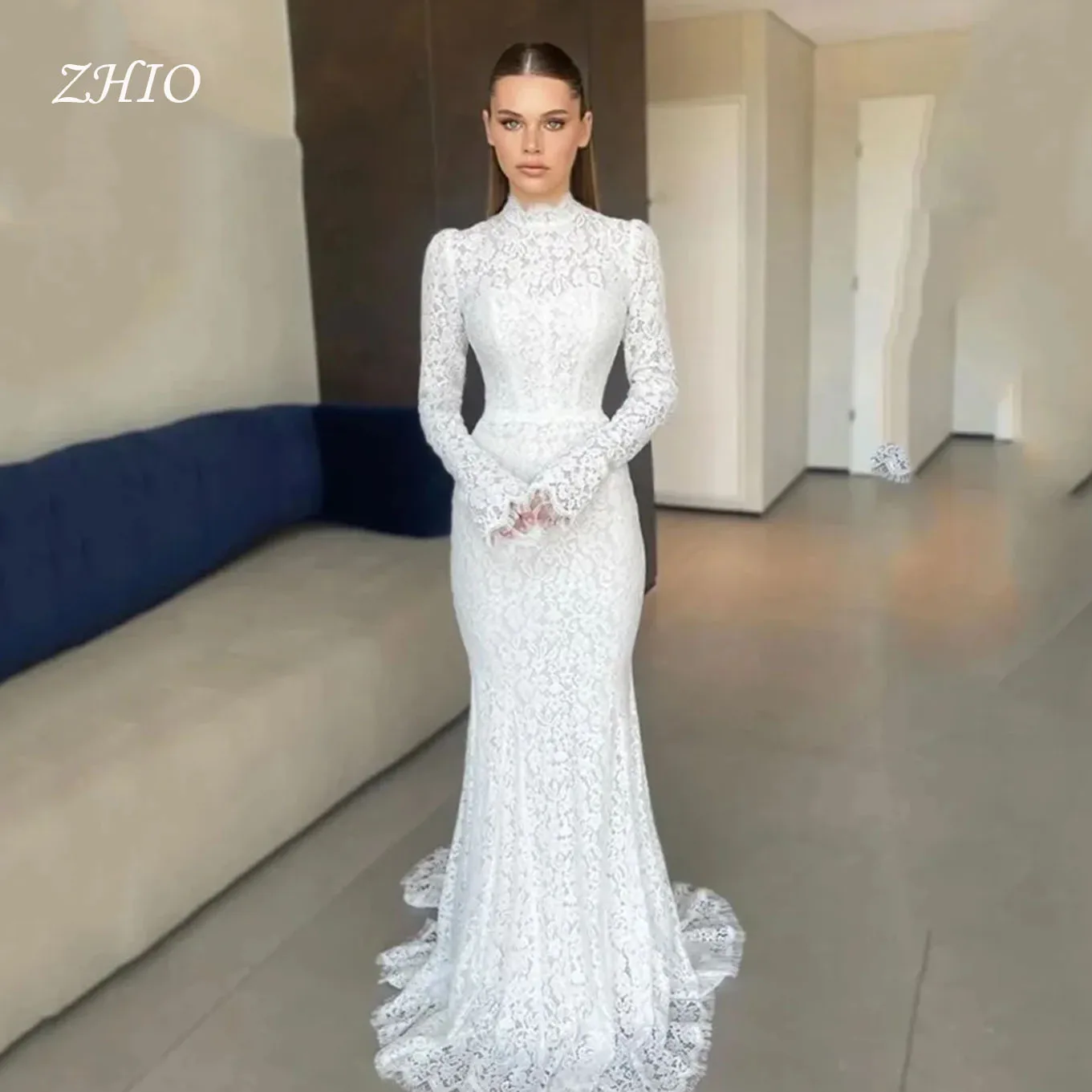 

ZHIO 2026 lvory Lace Mermaid Wedding Dresses High Neck Full Sleeves Bridal Gowns Women Sweep Train Bride Dresses Customized