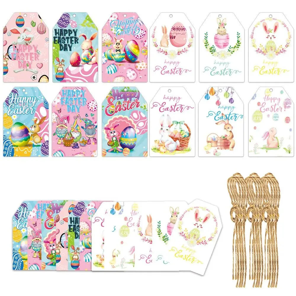 60PCS Paper Easter Paper Tags with Ropes Easter Rabbit Hang Labels DIY Packaging Egg Wrapping Card Tag Happy Easter Day