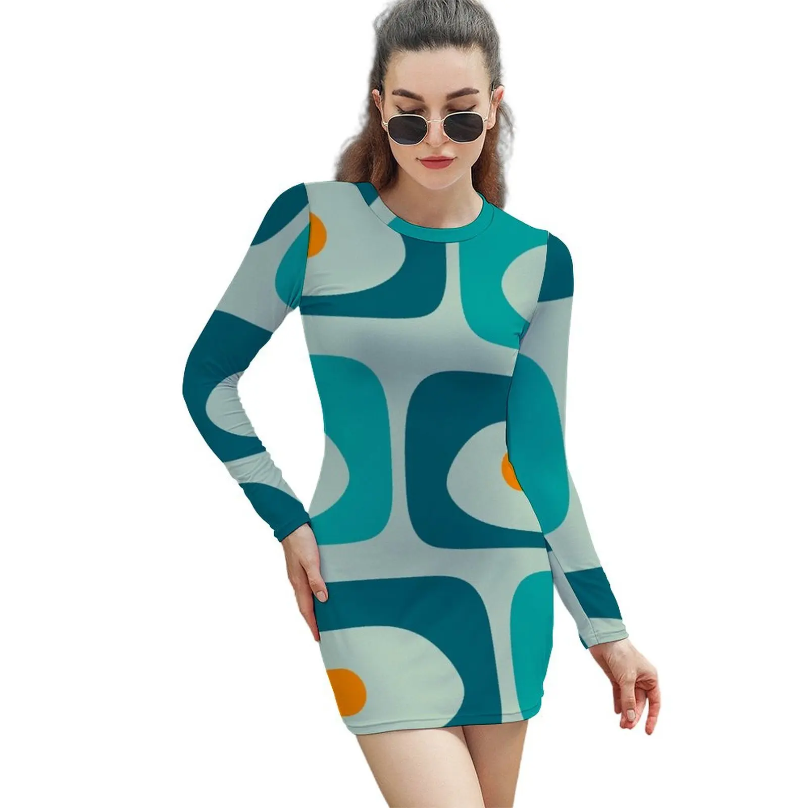 

Mid Century Modern Piquet Abstract Minimalist Pattern Teal Aqua Orange Long-Sleeved Sheath Dress dress for women summer