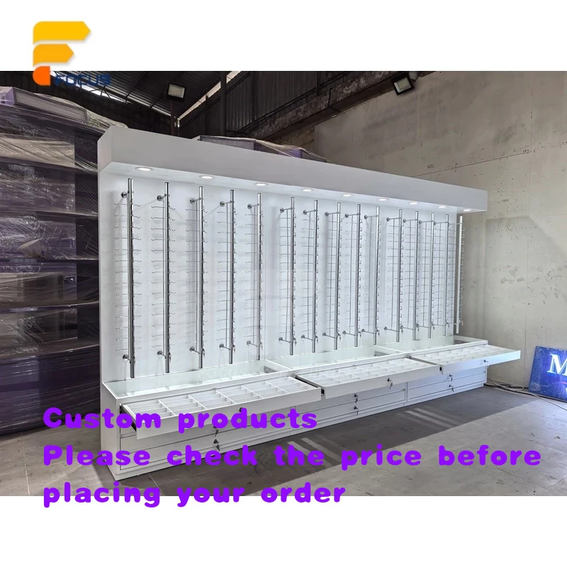 custom.Upgraded design project, mixed-material wall shelves, factory retail eyeglasses