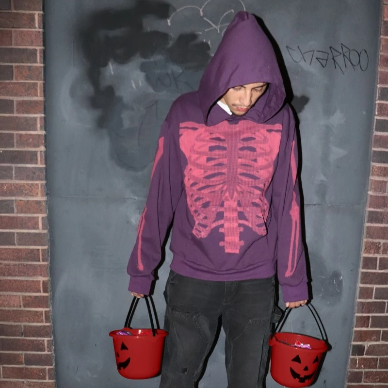 

Y2K Hoodie Vintage Skeleton Bone attern Casual Loose Pullover Hoodie Gothic Fashion Men Women Comfortable Trend Streetwear Top