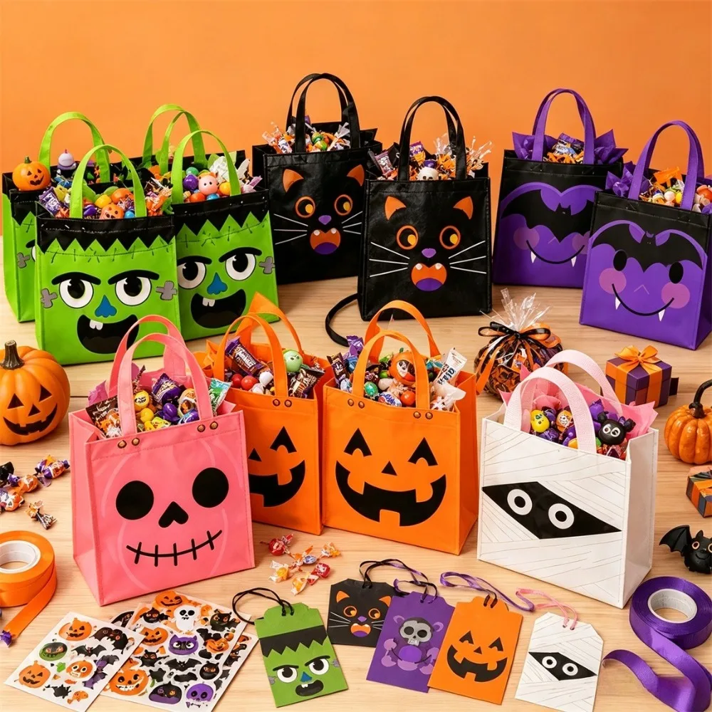 24 Stück wiederverwendbare Halloween-Süßigkeitentüten aus Vliesstoff, 6 Cartoon-Monster-Designs mit Griffen, Geschenktüten für Süßes oder Saures Partys – Detail 1