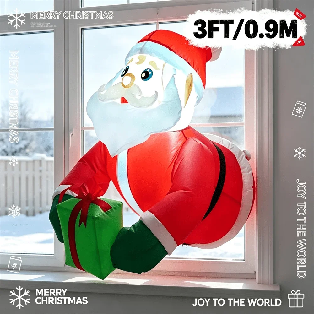 3FT Christmas Inflatable Model Santa for Window Wall Decor with LED Lights Holiday Wall Window Decorations for Family Party
