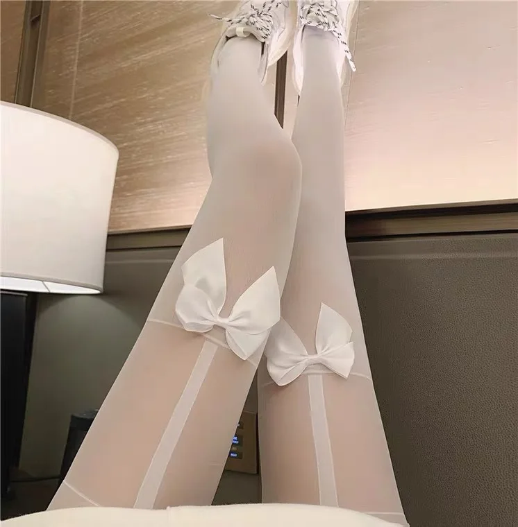 Senhora bowknot faz meias inferiores condole cinto sex apelo meias de seda mostrar meias brancas finas de meia-calça dinheiro fino é adorável