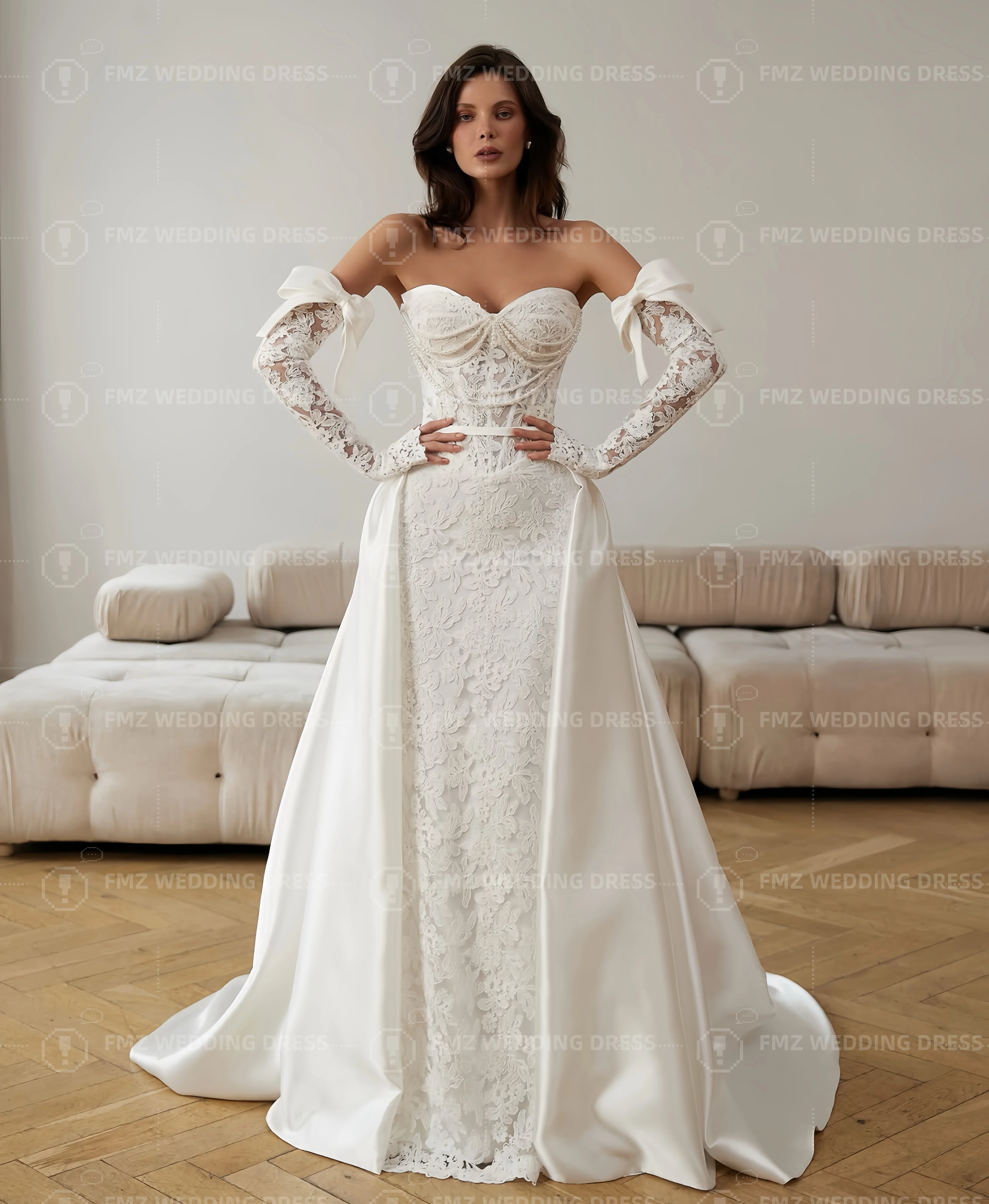 فستان زفاف أنيق بياقة حلوة وأكمام طويلة على شكل حرف a من الدانتيل فستان زفاف أنيق من فيستدوس دي نوفيا أماندا نوفيا أماندا نوفيا رسمي