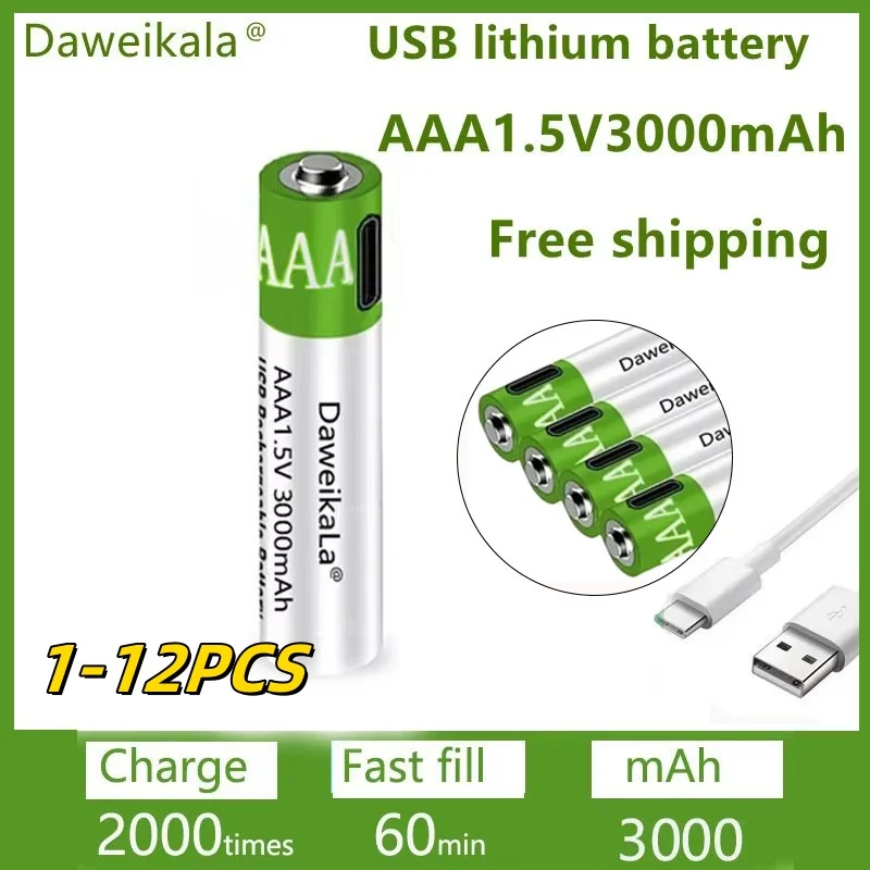 

2024NEW USB AAA Rechargeable Batteries 3000mAh li-ion battery for remote control mouseElectric toy battery + Type-C Cable 1.5V