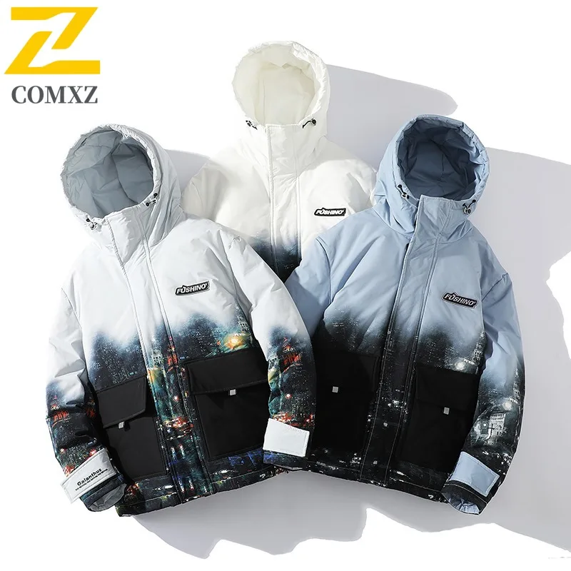 

COMXZ 2025 Мужская женская куртка-пуховик с градиентными цветными блоками в корейском стиле, свободная посадка, утолщенная повседневная легкая ветровка для пар