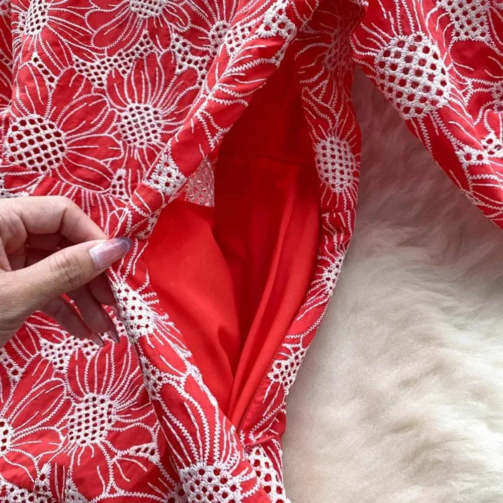 Retro V Neck Lantern Short Sleeves Embroidered Print Elegant Summer Slim Dresses A-line French Vacation Print Women Clothing