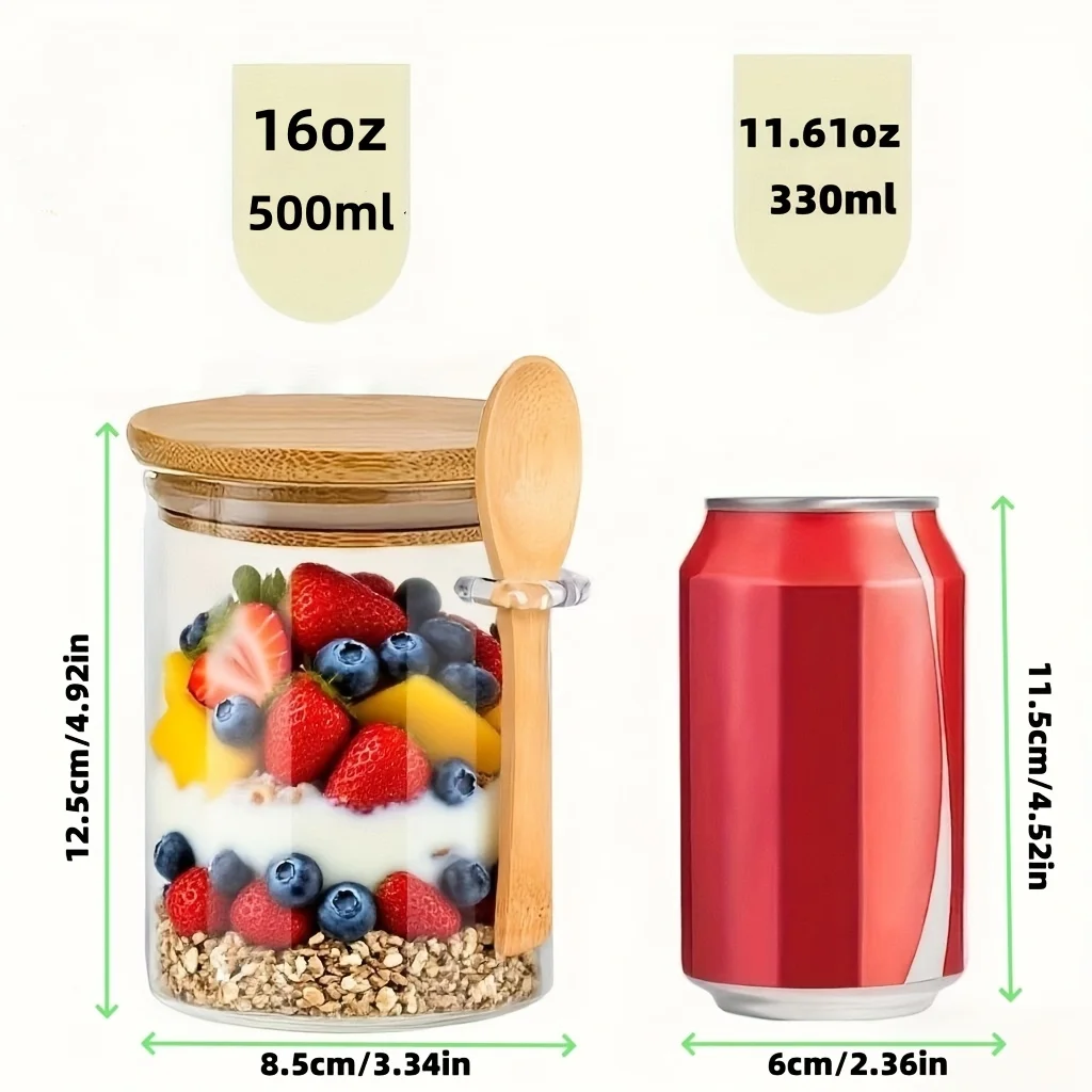 1/2/4/8Pcs Oatmeal Glass Cup Set, with Lid and Spoon, Perfect for Breakfast Oatmeal, Salad Bowls, Round Sealed Storage Glass Containers, Storage Boxes for Oatmeal, Salad, Yogurt, Coffee Beans, Spices, Maltose, Tea, Flour, and Nuts