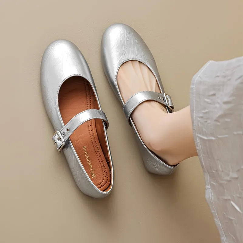 DIMANYU Mary Jane Shoes Women 2024 New Flat Ballet Shoes Women Large Size Silver Women's Casual Shoes