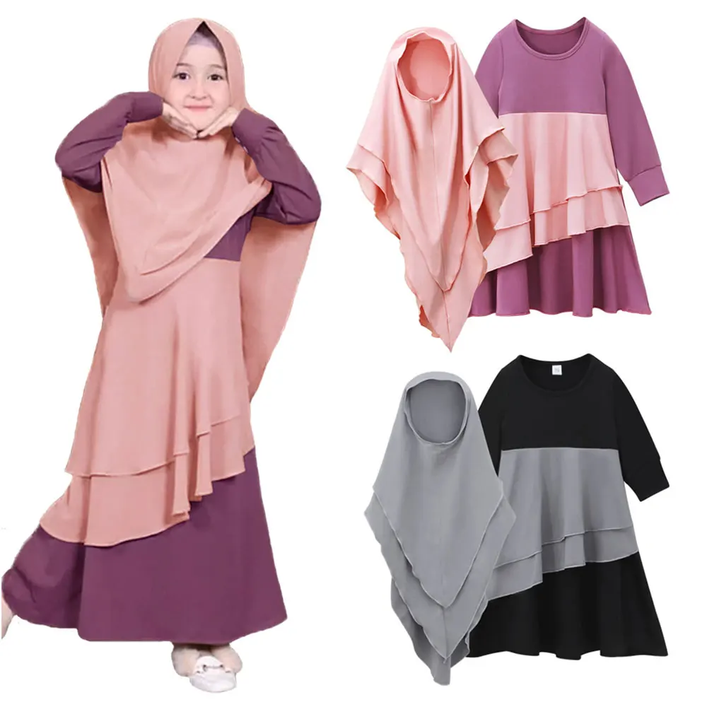 

2 Color Patchwork Islamic Muslim Prayer Dress Abaya for Girls Baby Kids 6M-10Y Arab Middle East Ramadan Clothes With Long Hijab