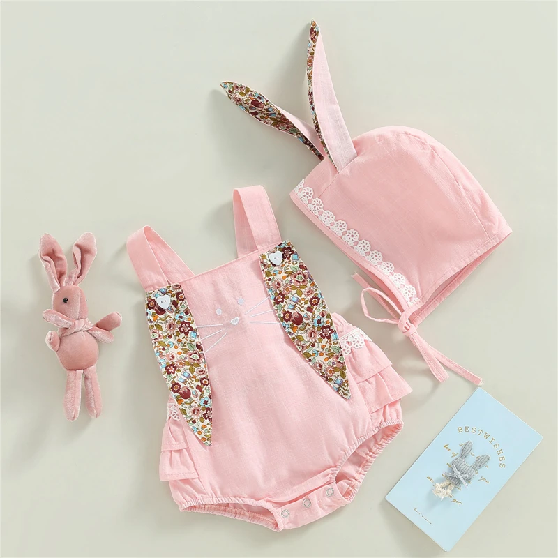 Newborn Infant Baby Girls Summer Casual Romper Sleeveless Floral Print Bunny Ear Playsuit with Cartoon Hat Outfits Clothes