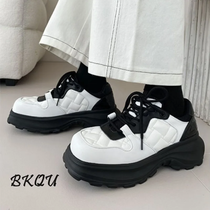 BKQU Father 2024 Spring New Pineapple Men Small White Shoes Checkered Square Head Increase Thick Sole Tide Leisure