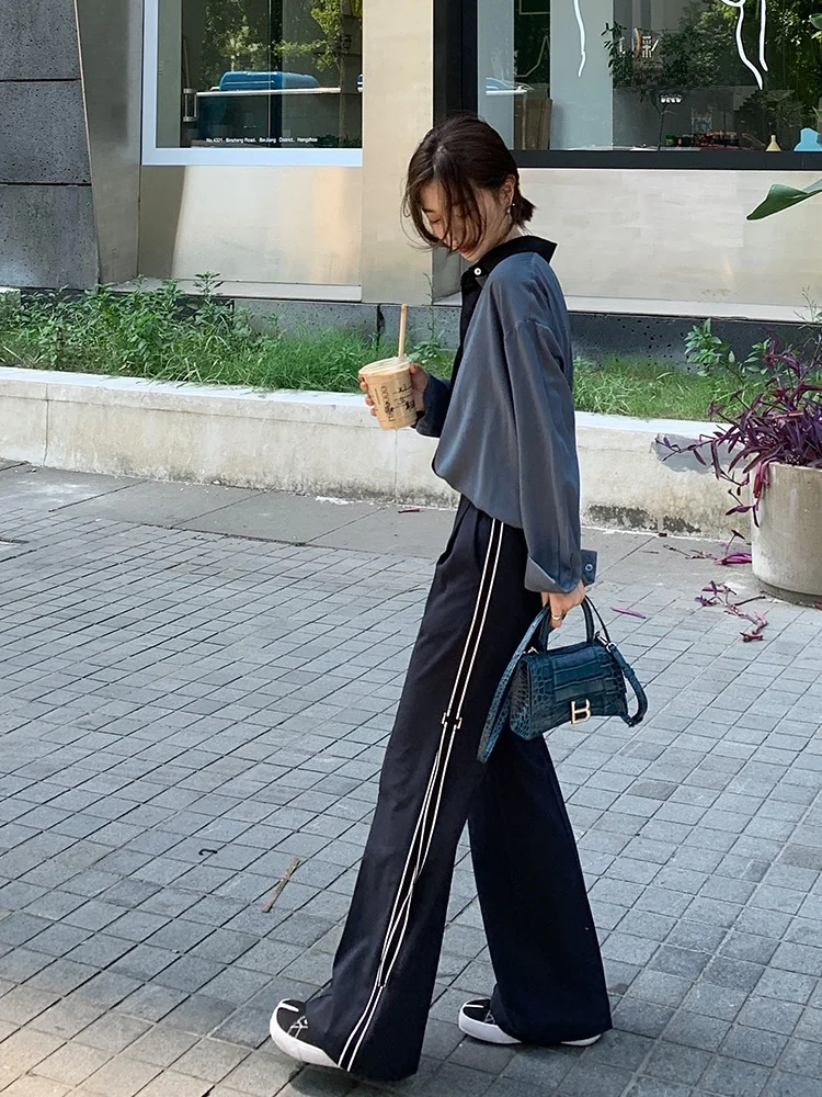 

OPO 202 Новые женские брюки-костюм с высокой талией и широкими штанинами, свободные, длинные, в корейском стиле, для офиса, модные, с поясом