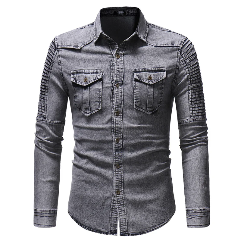 Spring Autumn High Quality Denim Shirt Men Casual Long Sleeve male Outdoor Slim Pure color fold Oxford cloth cowboy Shirt top