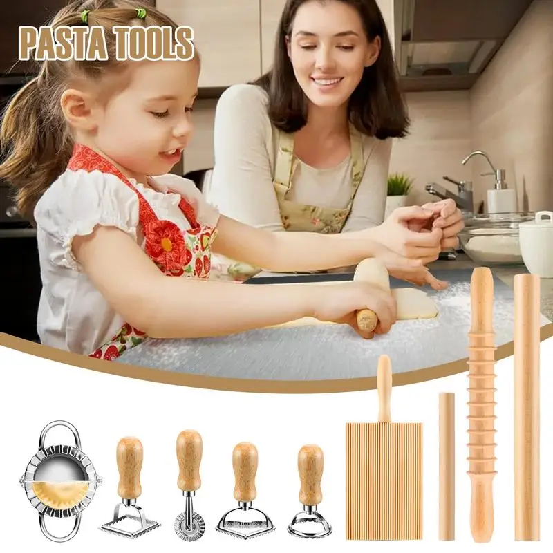 Gnocchi Pasta Making Tool Wooden Ravioli Stamp Gnocchi Pasta Maker Rolling Pin Set Baking Tools Kitchen Gadgets Pasta Making