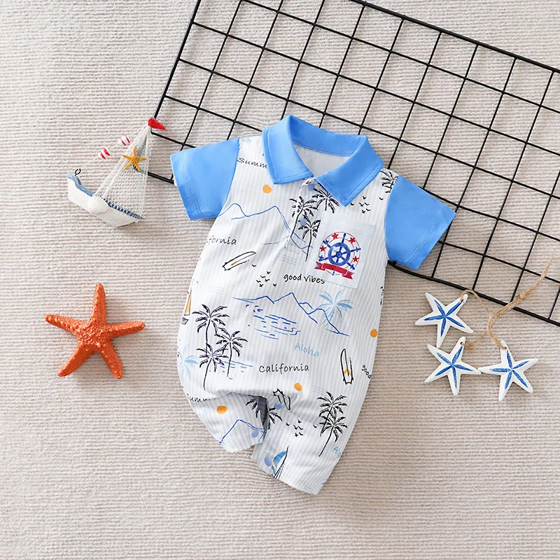 Newborn Baby Boys Summer Nautical Beach Style Short Sleeve Lapel Collar Printed Romper