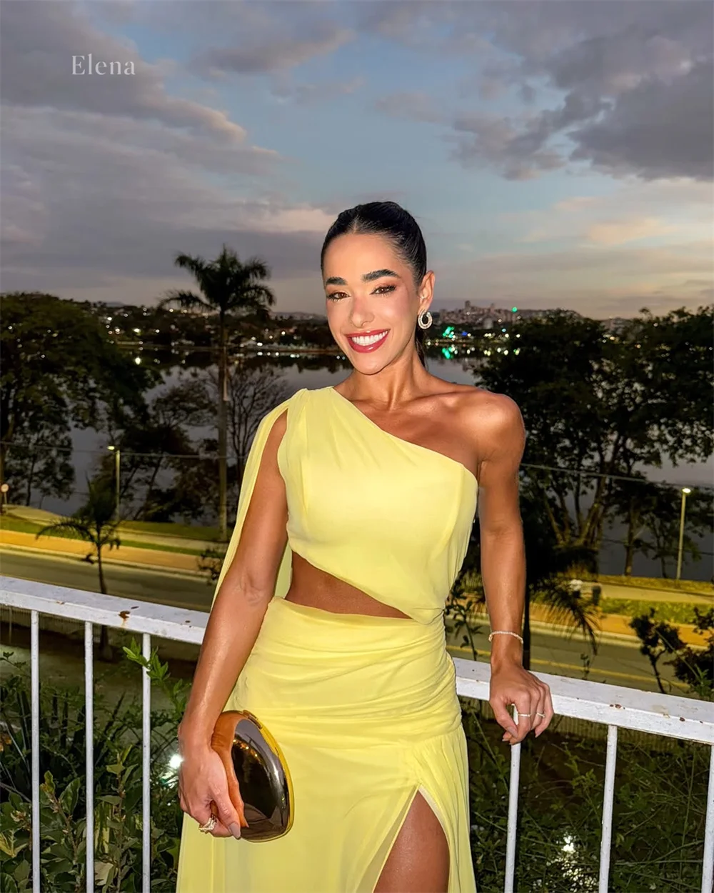 Elena Chiffon One-Shoulder Yellow Asymmetrical Elegant Evening Gown Vibrant Design Side Cutout Detail Flowing Ruched Customized